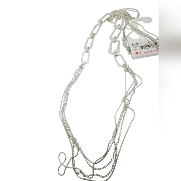 NINE WEST NWT SILVERTONE LAYERED SNAKE CHAIN & OPEN RECTANGLE ACCENTS NECKLACE - Picture 6 of 6
